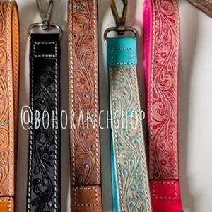 Hand Tooled Leather Wristlet Keychain Key Fob Skinny Turquoise